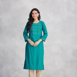 Fabindia Teal Regular Fit Embroidered Kurta-picture-39