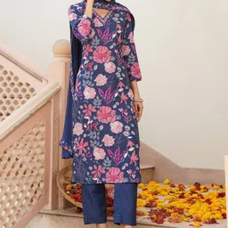 AHIKA Women Floral Printed Regular Thread Work Kurta Trousers With Dupatta image 4