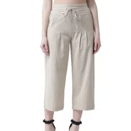 KASSUALLY Beige Cotton Relaxed Fit High Rise Trousers-image-1