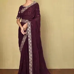 Satrani Maroon Embellished Saree With Unstitched Blouse-image-30