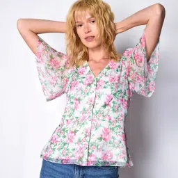 Cover Story Off White & Pink Floral Print Top-image-54
