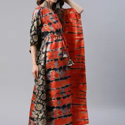 Cottinfab Women Orange & Black Printed Flared Sleeves Kaftan Kurta image 2