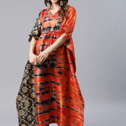 Cottinfab Women Orange & Black Printed Flared Sleeves Kaftan Kurta image 4