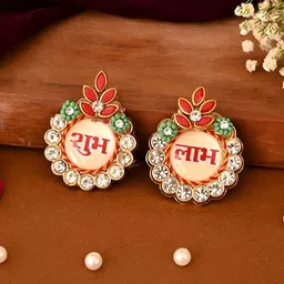 Aapno Rajasthan 2 Pieces Red & White Crystal Studded Shubh Labh Wall Accents Festive Decor-image-95