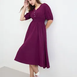 Styli Puff Sleeve Fit & Flare Midi Dress-image-95