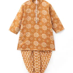 Babyhug 100% Cotton Woven Full Sleeves Kurta With Dhoti Floral Print - Mustard-picture-21