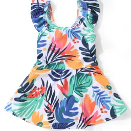 Babyhug Frill Sleeves  Frock Style Swimsuit with Leaves Print - Multicolour-picture-13