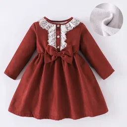 Kookie Kids Full Sleeves Party Frock With Lace Detailing & Bow Applique - Brown-image-17