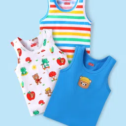 Babyhug 100% Cotton Knit Sleeveless Striped Sando with Bear Print Pack of 3- Blue & White-image-99