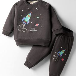 Zero Fleece Knit Full Sleeves Winter Wear Sweatshirt & Lounge Pant Set with Space Theme Print - Grey-picture-31