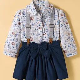 ToffyHouse Cotton Knit Full Sleeves Nautical Theme Printed Party Top & Skirt Set with Suspender & Bow Applique - Navy Blue-picture-22
