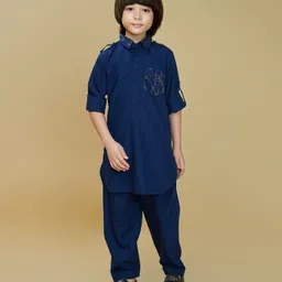 Ministitch Cotton Silk Woven Full Sleeves Foil Printed Pathani Kurta And Pant Set - Ink Blue-picture-25