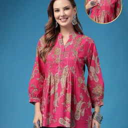 Zelena 100% Cotton Knit Three Fourth Puffed Sleeves Floral Printed Maternity Top With Front Button Nursing Access - Pink-picture-18