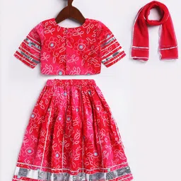 Vastramay Cotton Half SleevesBandhani Printed Lehenga Choli With Dupatta Set - Pink image 3