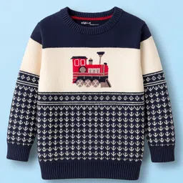 ToffyHouse Knitted Full Sleeves Winter Wear Sweatshirt & Pant Set With Vehicle Print - Navy Blue image 2