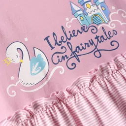 Cucumber Sinker Knit Half Sleeves Frock With Stripes & Fairy Tale Text Print - Light Pink image 3