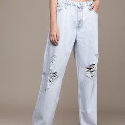 Calvin Klein Jeans Women Blue 90s Straight Fit Highly Distressed Light Fade Jeans-image-52