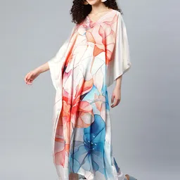 SWI Stylish Floral Print Kimono Sleeve Satin Kaftan Maxi Dress image 3