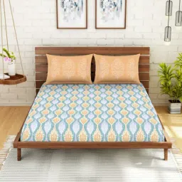 Spaces Atrium Printed Light Blue Cotton Queen Fitted Bed Sheet with 2 Pillow Covers-picture-12