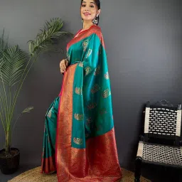 Elora Teal Silk Woven Design Banarasi Saree With Unstitched Blouse image 2