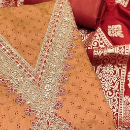 Peachmode Ethnic Motifs Embroidered Zari Unstitched Dress Material image 4