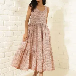 Fabindia Beige Cotton Printed A-Line Dress image 3