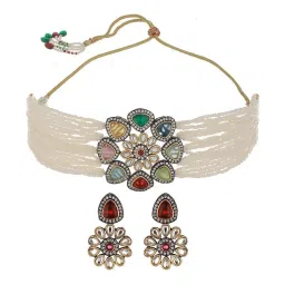 Saraf RS Jewellery Gold-Plated & Multi Stone Pearl Beaded Choker Jewellery Set image 2