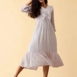 AASK Women's White Self Design Crepe Fit and Flare Calf Length Dress image 4