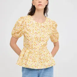 Cover Story Yellow Cotton Floral Print Peplum Top-image-3
