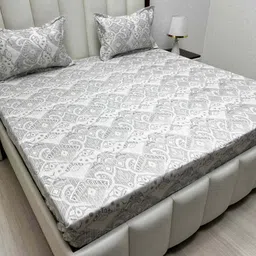 Pure Decor Grey & White Ethnic Motifs 330 TC Queen Bedsheet with 2 Pillow Covers-image-97
