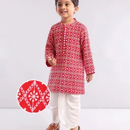 Babyhug Full Sleeve Cotton Thread Embrodered Kurta Pyjama  Set - Red-picture-13