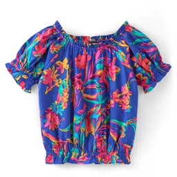 Pine Kids 100% Cotton Woven Half Sleeves Elasticated Neck Floral Print Top - Blue-picture-21