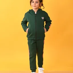 Anthrilo Full Sleeves Heart Printed & Glitter Tape Detailed Zipper Hoodie Joggers Set - Green-picture-10