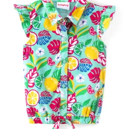 Babyhug Rayon Woven Half Sleeves Shirt Styled Knot Top With Frills Tropical Theme Print - Light Green-picture-29