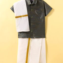 Dapper Dudes Half Sleeves Solid Shirt With Mundu & Angavastram Set - Olive Green-picture-20