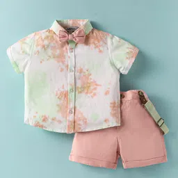 ToffyHouse Poplin Woven Half Sleeves Shirt & Shorts Set with Bow & Suspender with Tie Dye - Pink & White-picture-13
