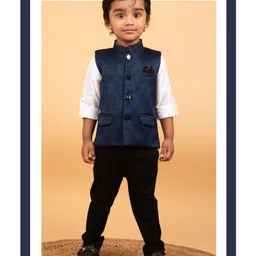 LITTLE COLLARS Jacquard Full Sleeves Damask Embroidered 3 Piece Party Suit Set - Navy Blue-image-23