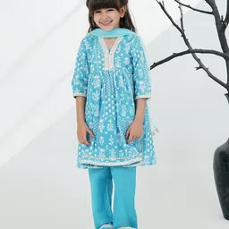AJ Dezines Cotton Woven Three Fourth Sleeves Floral Printed Mirror Work Detailed & Gota Lace Embellished Kurta Pant With Duppatta Set - Sky Blue-picture-14