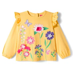 Babyhug 100% Cotton Knit Full Sleeves Top with Frills Floral Print & Applique - Yellow-picture-21