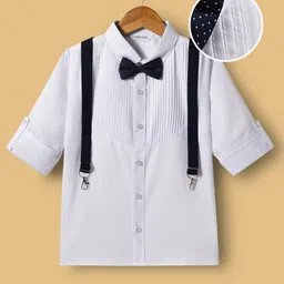 Mark & Mia Woven Full Sleeves Solid Pleated Party Shirt With Bow & Suspender - White-picture-16
