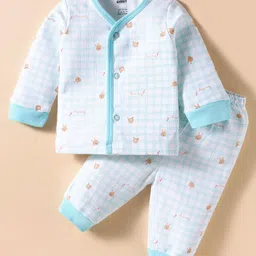 Pink Rabbit Interlock Knit Full Sleeves Co-ords Night Suit with Bear Print - White & Aqua Blue-picture-14