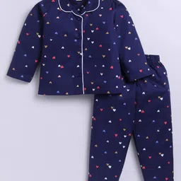 Snuggly MONKEY Poplin Woven Full Sleeves Hearts Printed Winter Night Suit Set - Navy Blue-picture-12