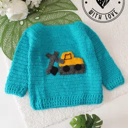 Woonie Hand Knit Full Sleeves Excavator Designed Crochet Sweater - Blue-picture-22
