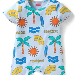 Babyhug 100% Cotton Knit Half Sleeves Rompers with Tropical Beach Theme Print Pack of 2 - Light & Navy Blue image 2