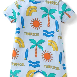 Babyhug 100% Cotton Knit Half Sleeves Rompers with Tropical Beach Theme Print Pack of 2 - Light & Navy Blue image 3