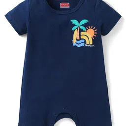 Babyhug 100% Cotton Knit Half Sleeves Rompers with Tropical Beach Theme Print Pack of 2 - Light & Navy Blue image 4