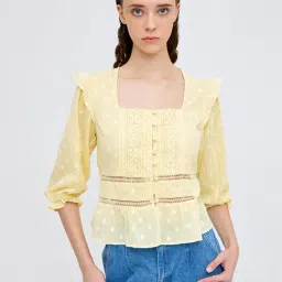 Cover Story Yellow Cotton Self Design Top-image-6