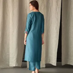 Bombay Bloom Teal Ecovero Linen Regular Fit Embroidered Kurta image 2