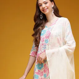 HERE&NOW Floral Print Thread Work Detail Pure Cotton Kurta with Trousers & Dupatta-picture-28