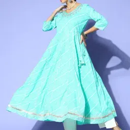 Ishin Sea Green Cotton Embroidered A Line Kurta-image-0